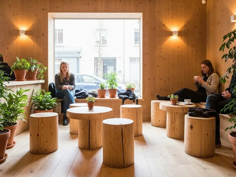 カフェの待合スペースに置かれた丸太椅子